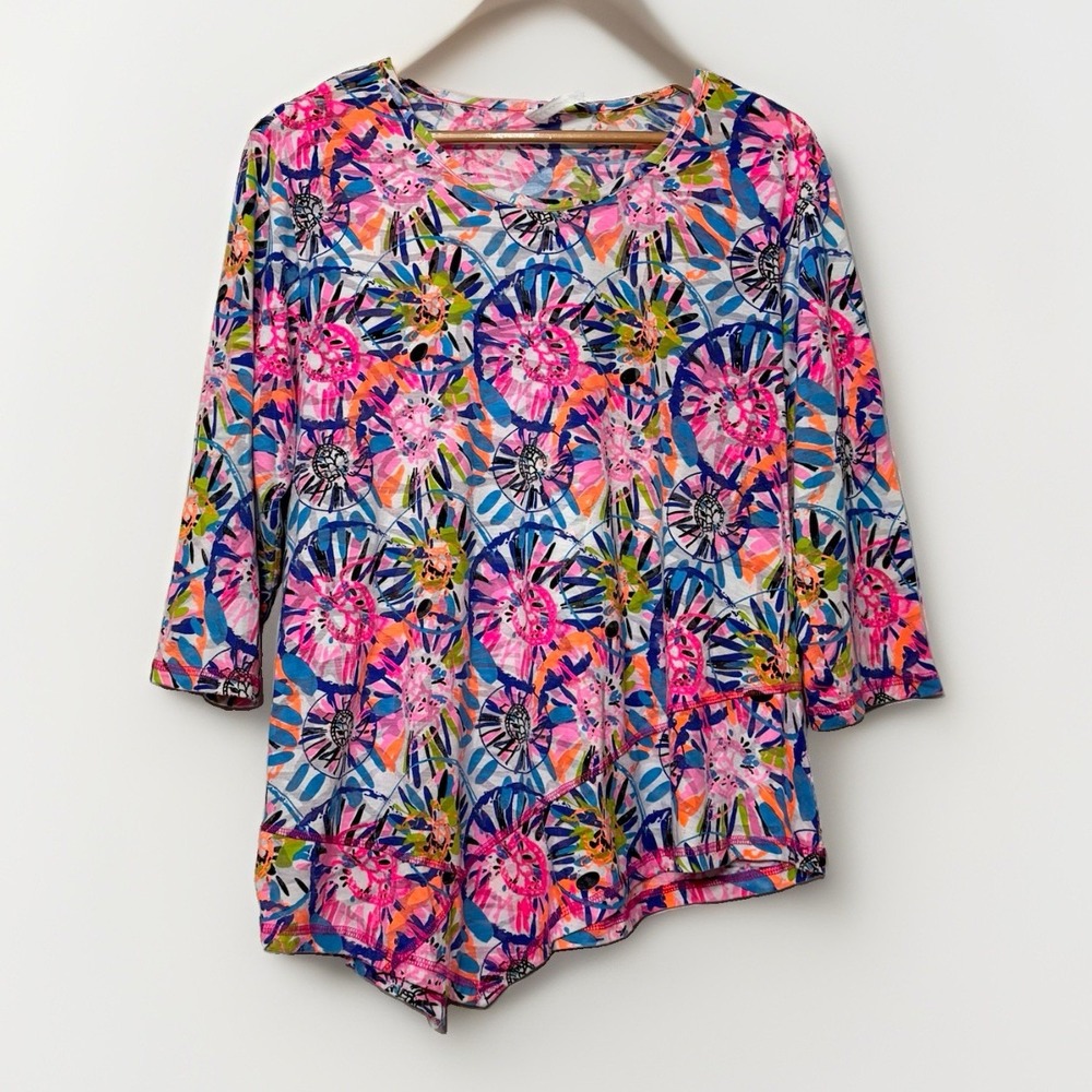 Lulu B Asymmetric Tunic Top Colorful Bright Tropical Beach 3/4 Sleeve Women's XL
